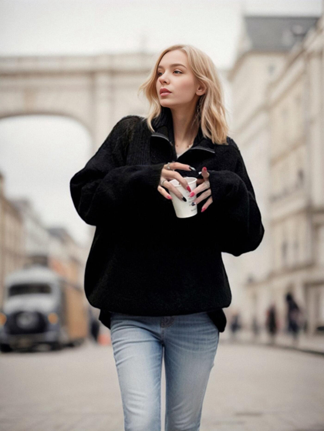 Damen Kuscheliger Pullover mit Stehkragen und Stickerei Fudus