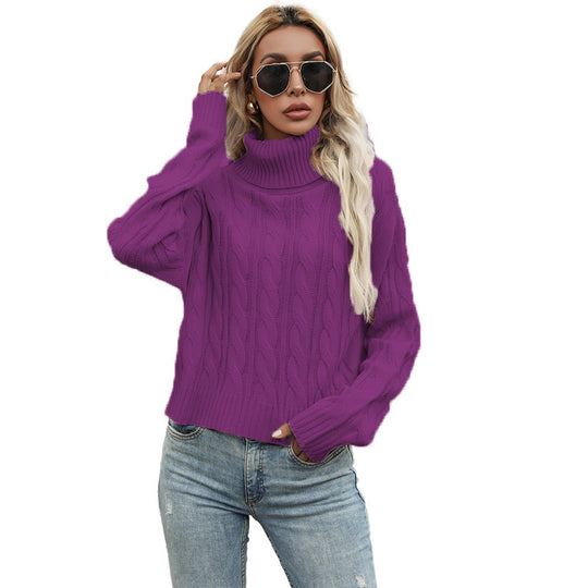 Damen Grobstrickpullover mit hohem Kragen und strukturiertem Zopfmuster Fudus
