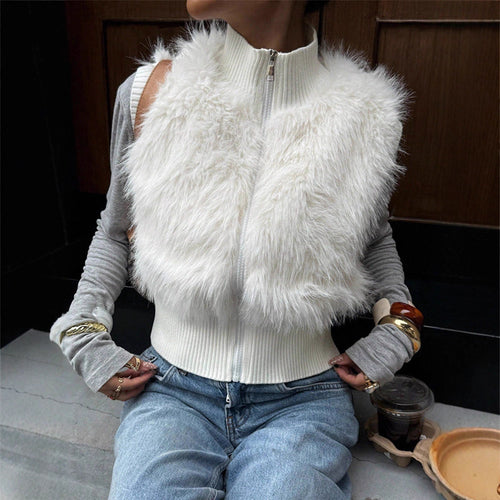 Damen kuschelige Strickweste mit luxuriösem Kunstfell Fudus