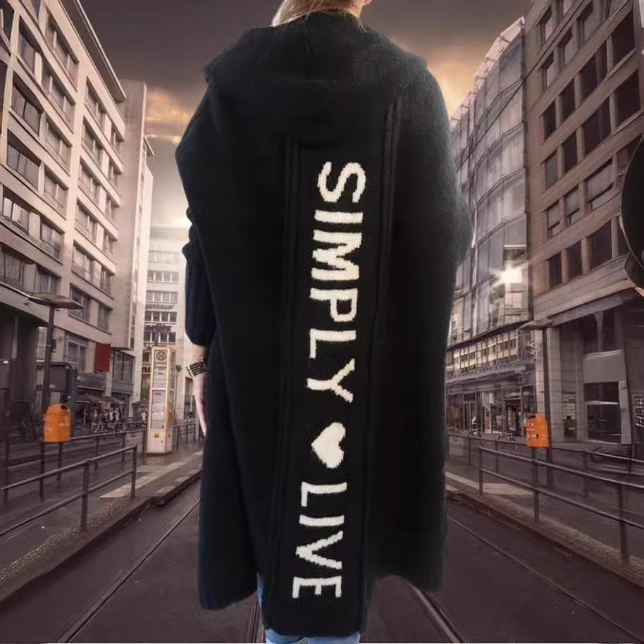 Damen langer Kapuzenmantel mit modischem Schriftzug Fudus