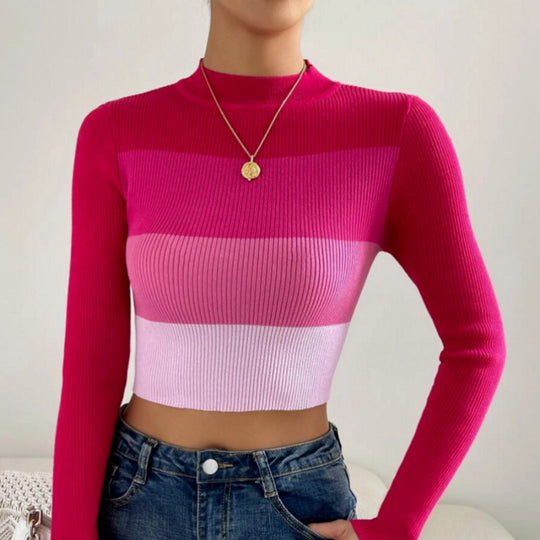 Damen Modischer cropped Strickpullover mit langen Ärmeln und Farbverlauf Fudus