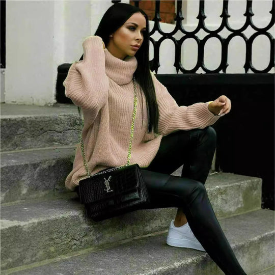 Damen Grobstrickpullover mit hochgeschlossenem Kragen und Struktur Fudus