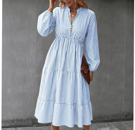 Damen Langärmeliges gestreiftes Kleid mit Knopfleiste Fudus