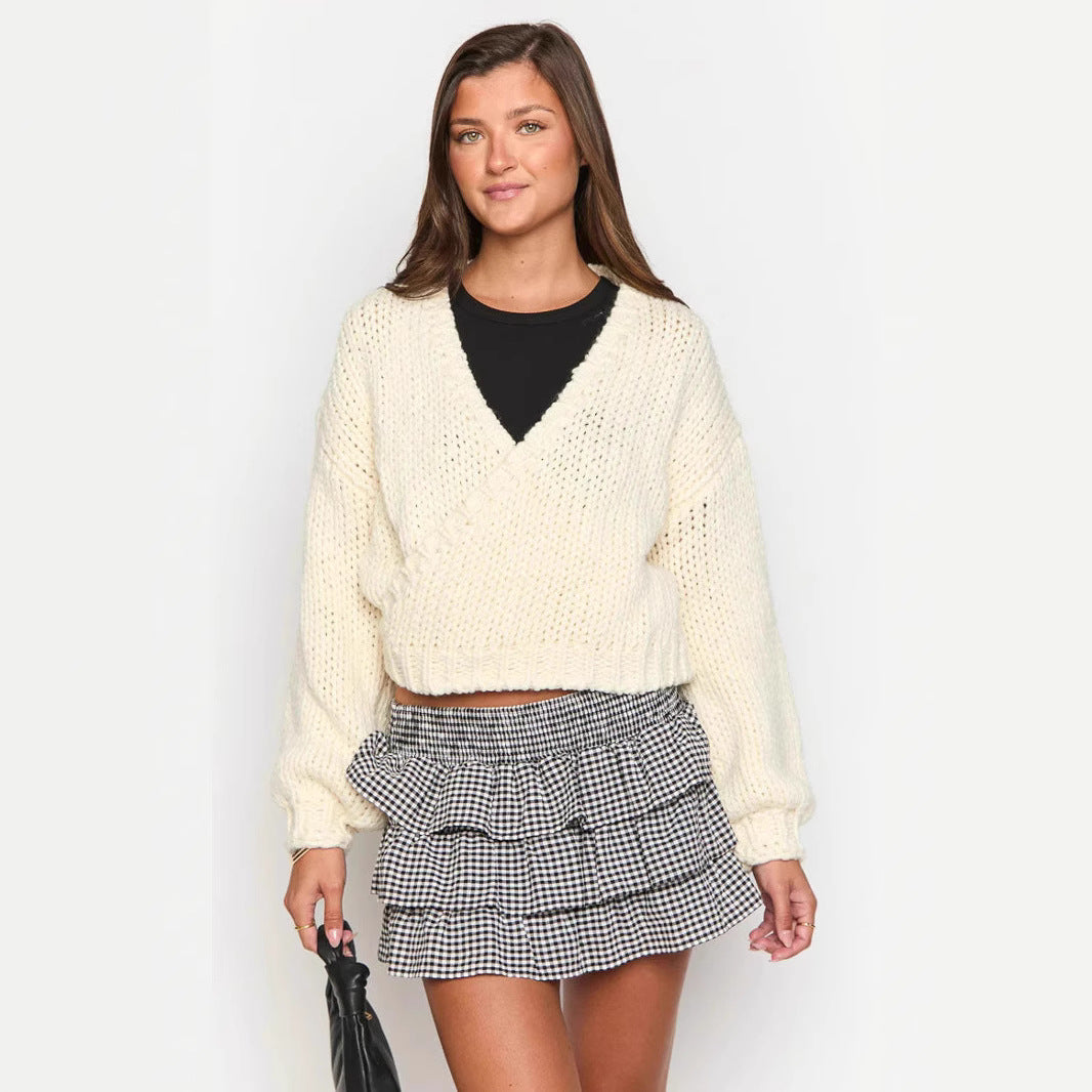 Damen kuscheliger Strickpullover mit modernem Wickeldesign Fudus