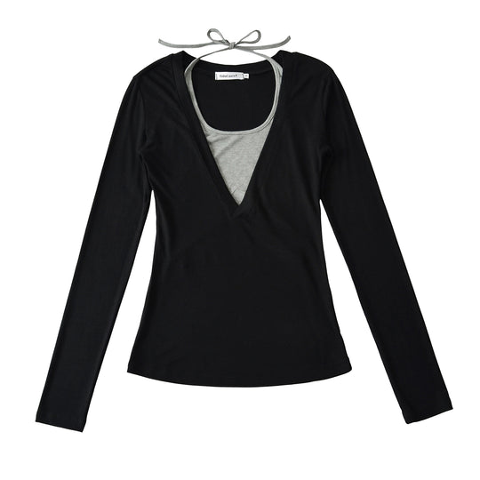 Damen langärmliges Oberteil mit tiefem V-Ausschnitt und Schleifenverzierung Fudus