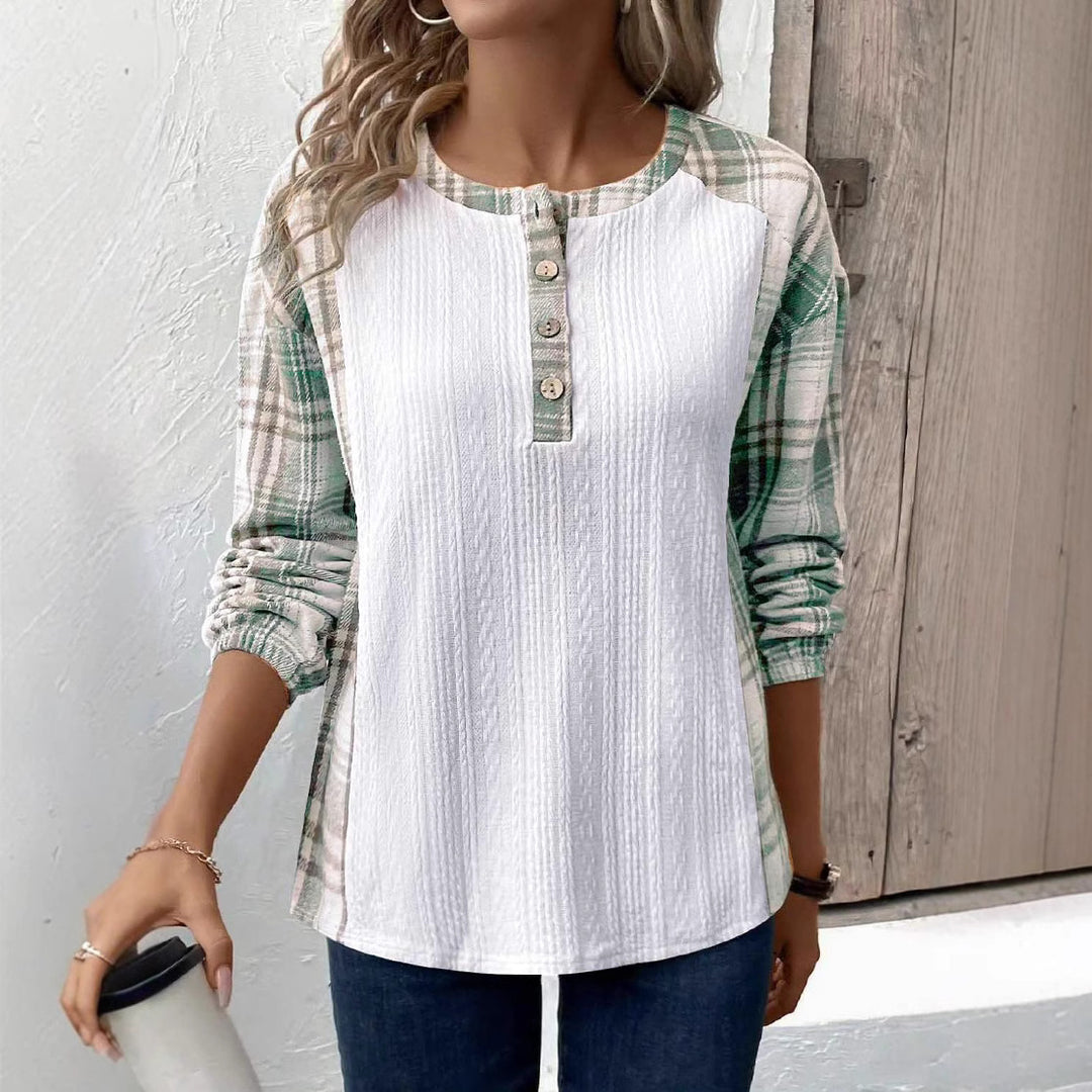 Damen Langarmshirt mit modischem Karomuster und Knopfdetails Fudus