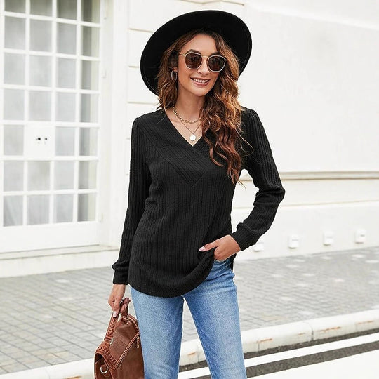 Damen Langärmliger V-Ausschnitt Pullover mit Rippstruktur und komfortabler Passform Fudus