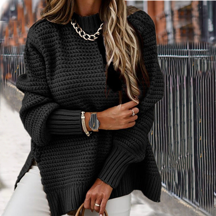 Damen Grobstrick Pullover mit hohem Kragen und strukturiertem Design Fudus