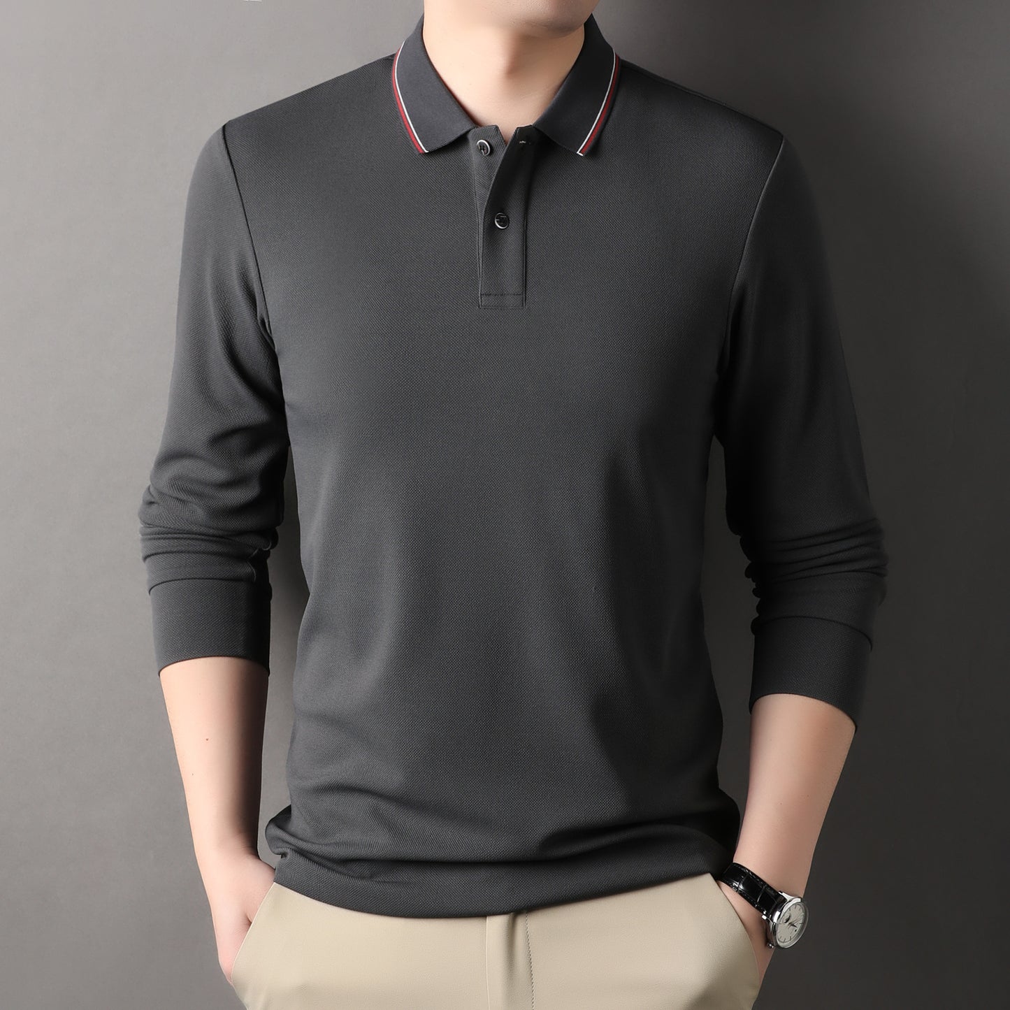 Herren elegantes Langarm-Polo mit modernem Kragen und stylischen Akzenten Fudus