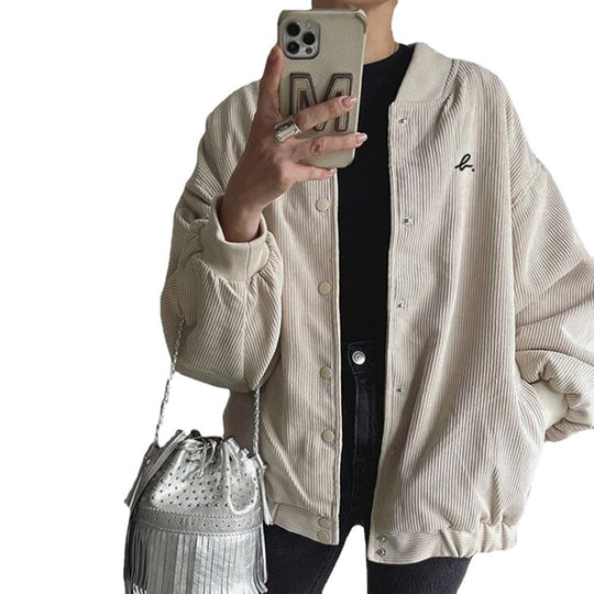 Damen lässige Cordjacke mit Druckknopfverschluss und elastischen Bündchen Fudus