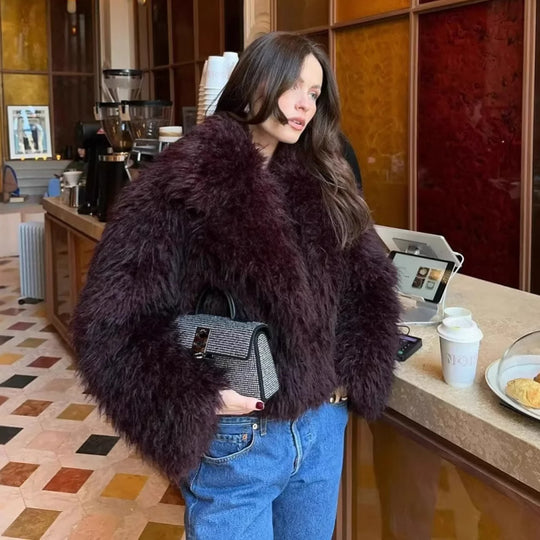 Damen kuschelige Kunstfelljacke mit Schalkragen und eleganter Silhouette Fudus