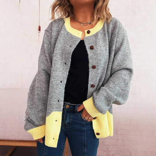 Damen lässige Strickjacke mit buntem Kontrast und eleganten Knopfdetails Fudus