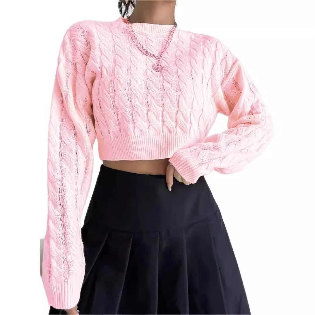 Damen modischer cropped Strickpullover mit Zopfmuster Fudus