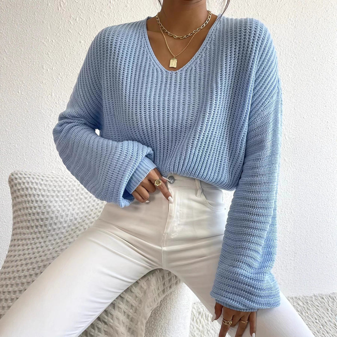 Damen Grobstrickpullover mit tiefem V-Ausschnitt und lässigen Ärmeln Fudus