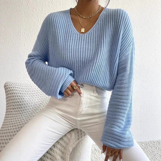 Damen Grobstrickpullover mit tiefem V-Ausschnitt und lässigen Ärmeln Fudus