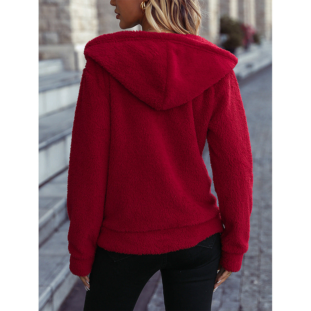 Damen kuschelige Weihnachtsjacke mit Kapuze und festlichem Druck Fudus