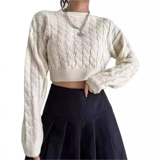 Damen modischer cropped Strickpullover mit Zopfmuster Fudus
