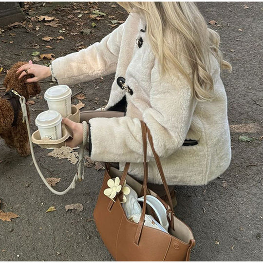 Damen kuschelige Teddy-Jacke mit hochwertiger Lederverarbeitung Fudus