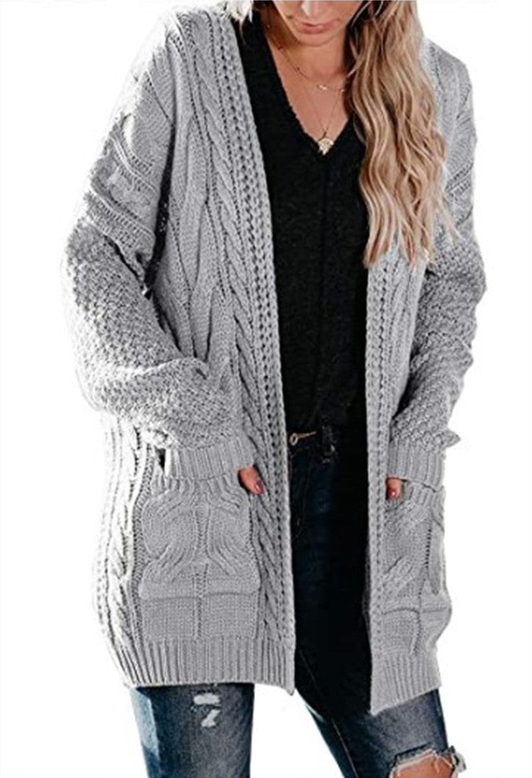 Damen Grobstrick Cardigan mit modernem Zopfmuster und großen Taschen Fudus