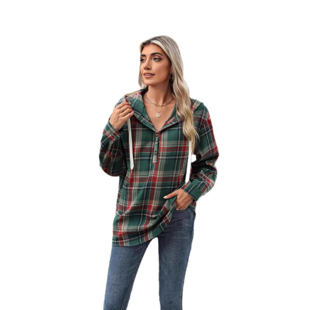 Damen karierte Kapuzenbluse mit praktischen Knopfdetails und lässigem Schnitt Fudus