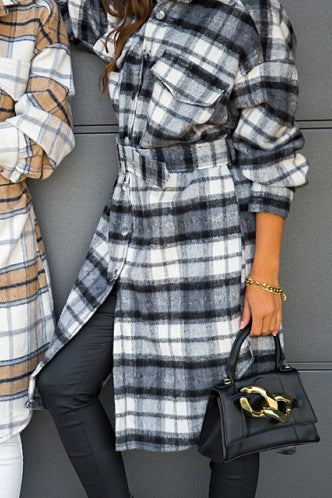 Damen Karierte Hemdbluse mit befestigtem Gürtel Fudus