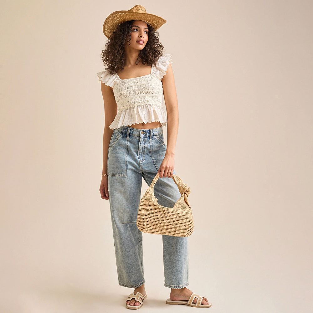 Damen Häkeloberteil mit verspieltem Rüschensaum Fudus