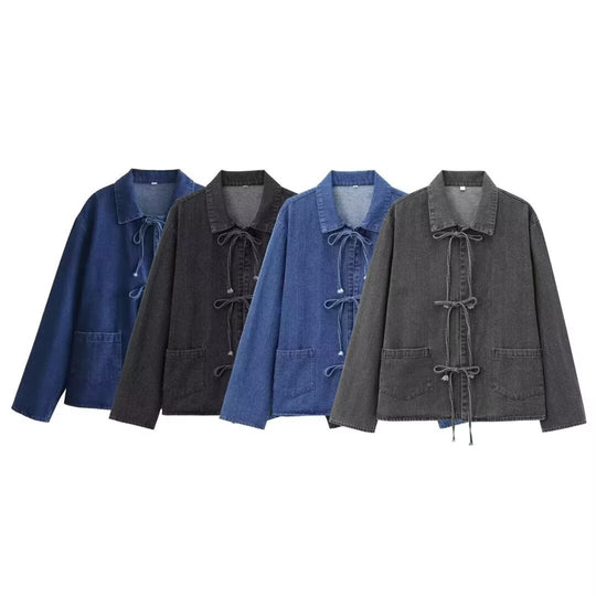 Damen lässige Jeansjacke mit kontrastierenden Kordelzügen und Taschen Fudus