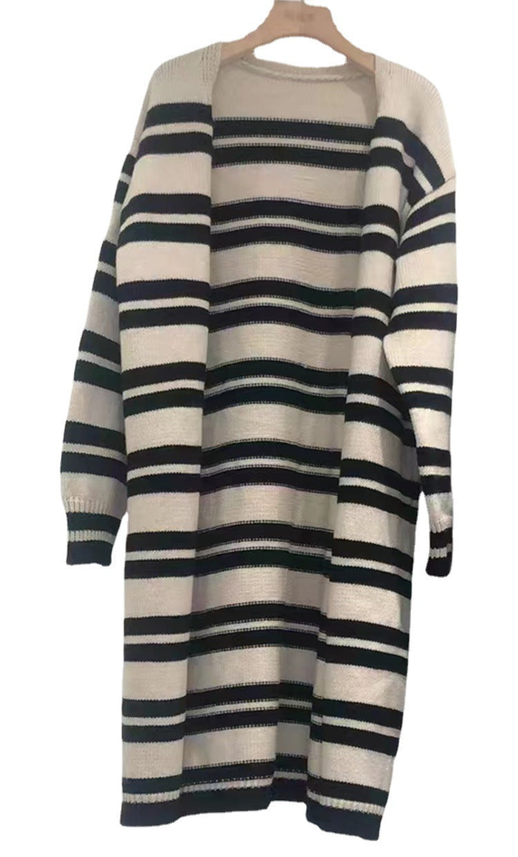 Damen Langer Strickcardigan mit gestreiftem Design und offenen Fronten Fudus