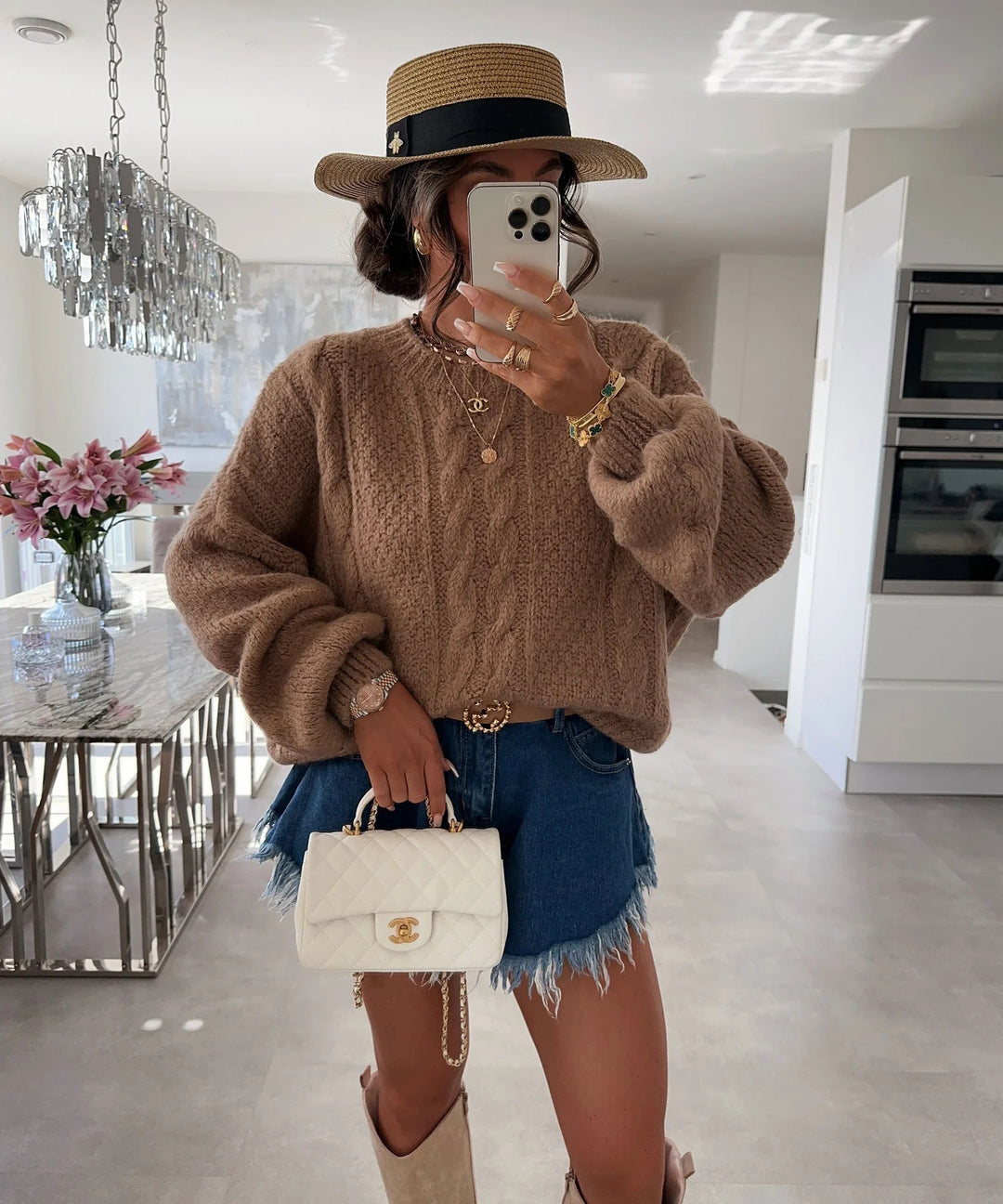 Damen Grobstrickpullover mit voluminösen Ärmeln und romantischem Zopfdesign Fudus