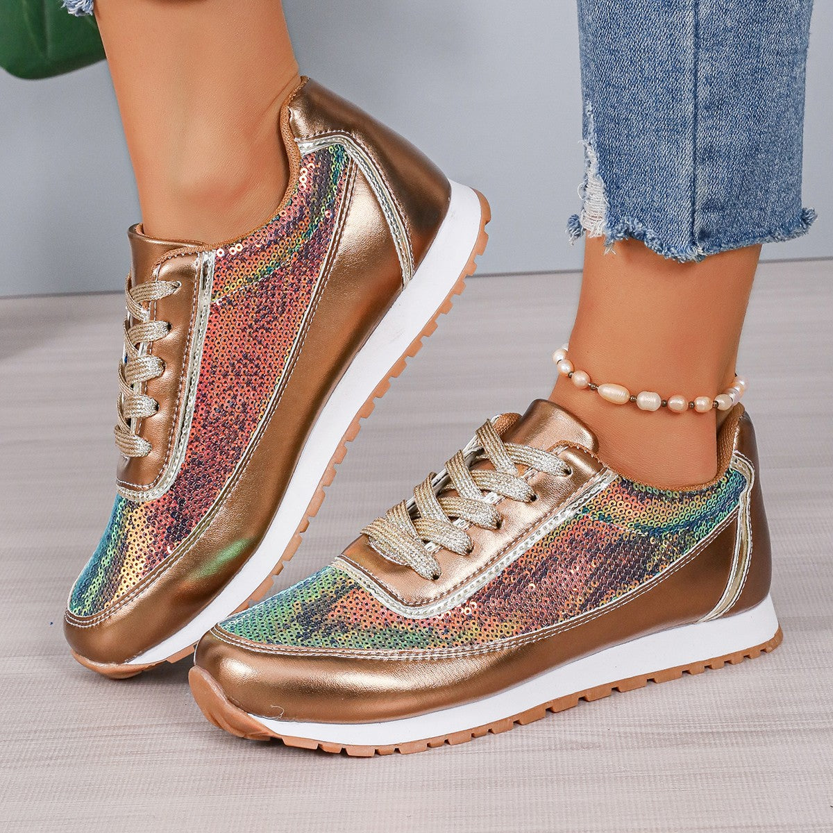 Damen Sneaker Mit Funkelnden Pailletten Und Bequemer Sohle