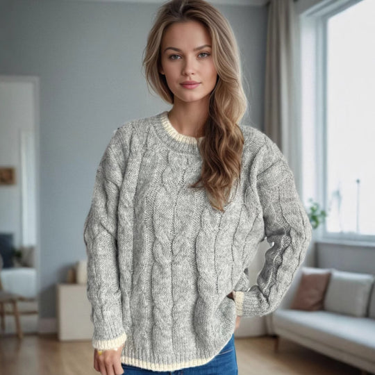 Damen Grobstrickpullover mit einzigartigem Zopfmuster und lässigem Schnitt Fudus