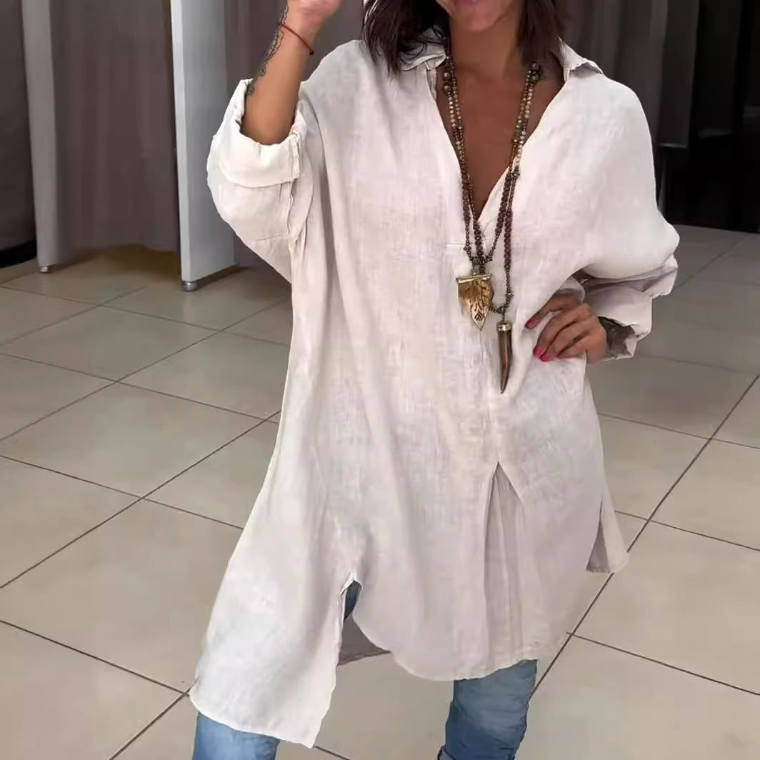 Damen lässige Leinenbluse mit langem Schnitt und Knopfleiste Fudus