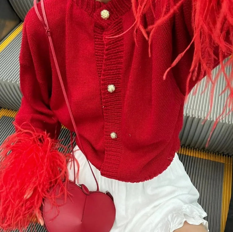 Damen lässige Strickjacke mit dekorativen Fransen und hochwertigen Knöpfen Fudus