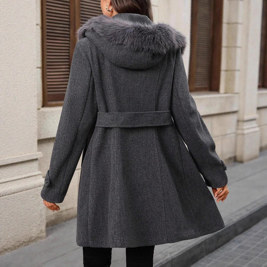Damen modischer Mantel mit abnehmbarem Kunstpelzkragen und tailliertem Schnitt Fudus