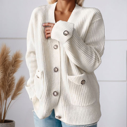 Damen Grobstrickcardigan mit praktischen Taschen und eleganten Knopfdetails Fudus