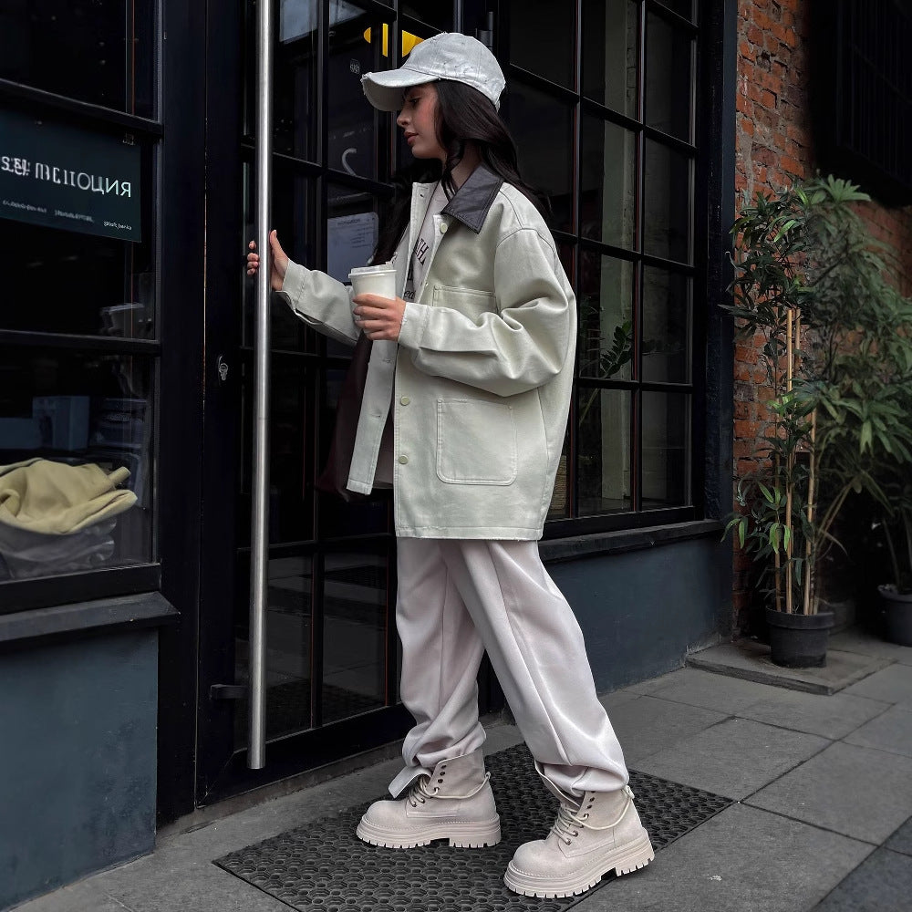 Damen lässige Oversized-Jacke mit ledernem Kragen und praktischen Taschen Fudus