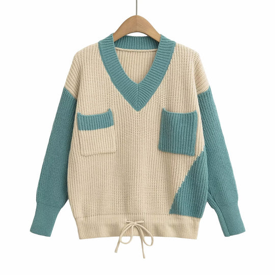 Damen Grobstrickpullover mit V-Ausschnitt und praktischen Taschen Fudus