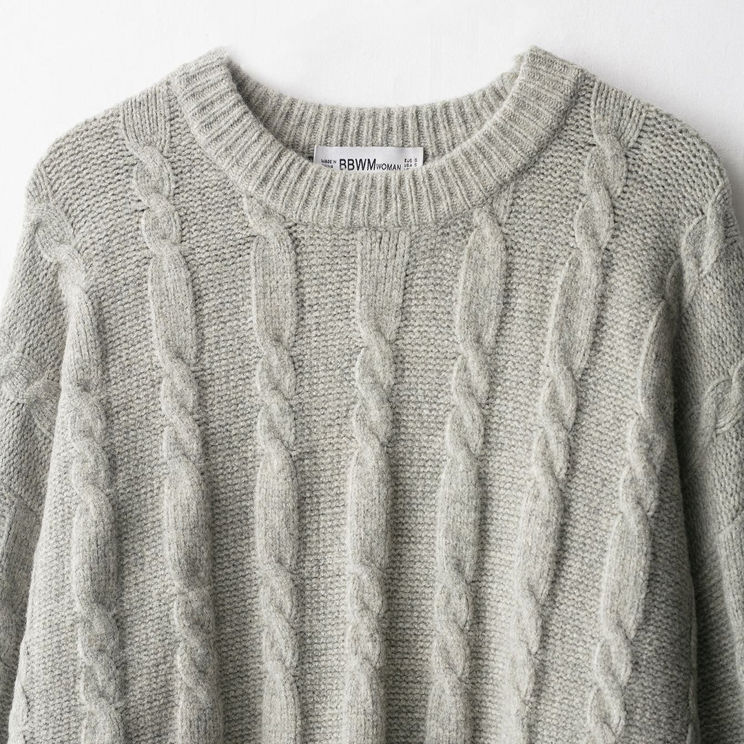 Damen kuscheliger Strickpullover mit Klassischem Zopfmuster Fudus