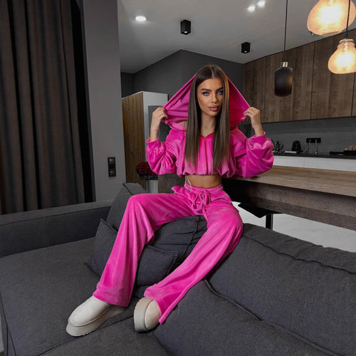 Damen kuscheliges Velours-Loungewear-Set mit weitem Schnitt Fudus