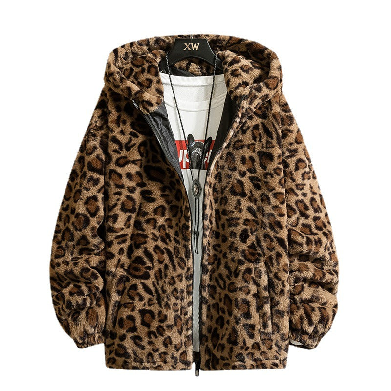 Damen kuschelige Fleecejacke mit Leopardenmuster und Kapuze
