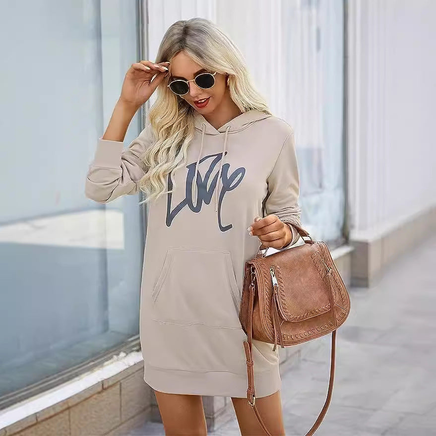 Damen Hoodie-Kleid mit Kängurutasche und auffälligem Schriftzug Fudus