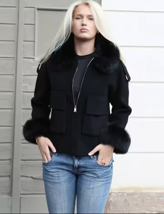 Damen Kunstfelljacke mit Pelzkragen und praktischen Taschen Fudus