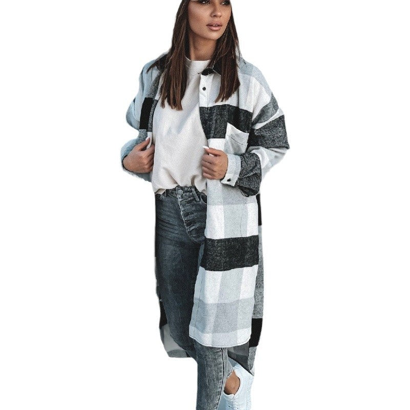 Damen Langer Karo-Wintermantel mit knöpfbarem Design und lockerer Passform Fudus