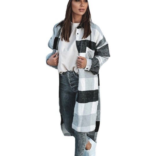 Damen Langer Karo-Wintermantel mit knöpfbarem Design und lockerer Passform Fudus