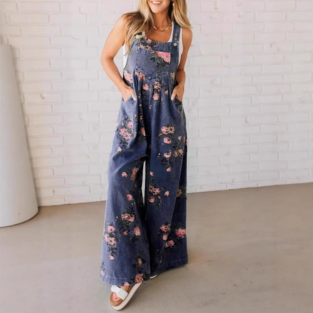 Damen Jeans-Latzhose mit floralem Design und weitem Bein