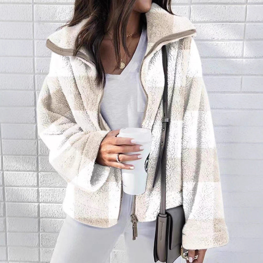 Damen Kuschelige Plüschjacke mit kariertem Muster Fudus