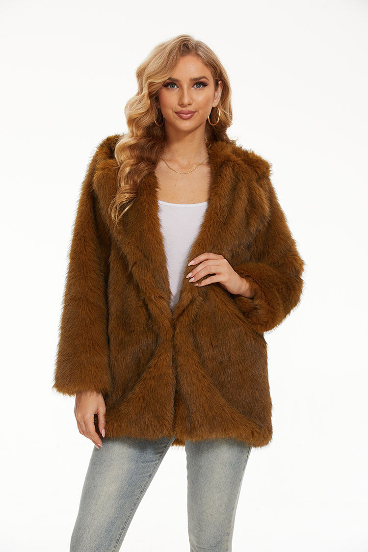 Damen Kunstfelljacke mit kuscheliger Kapuze und modernem Schnitt Fudus