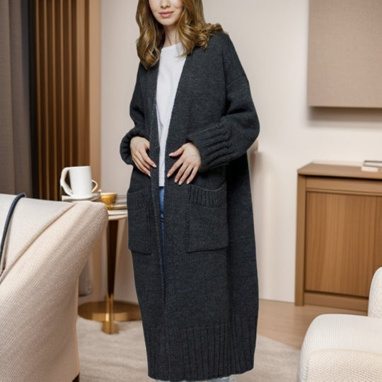 Damen Langstrickmantel mit tiefen Taschen und weitem Schnitt Fudus
