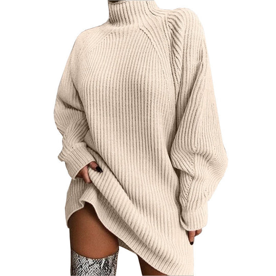 Damen Grobstrickpullover mit hohem Kragen und asymmetrischem Saum Fudus