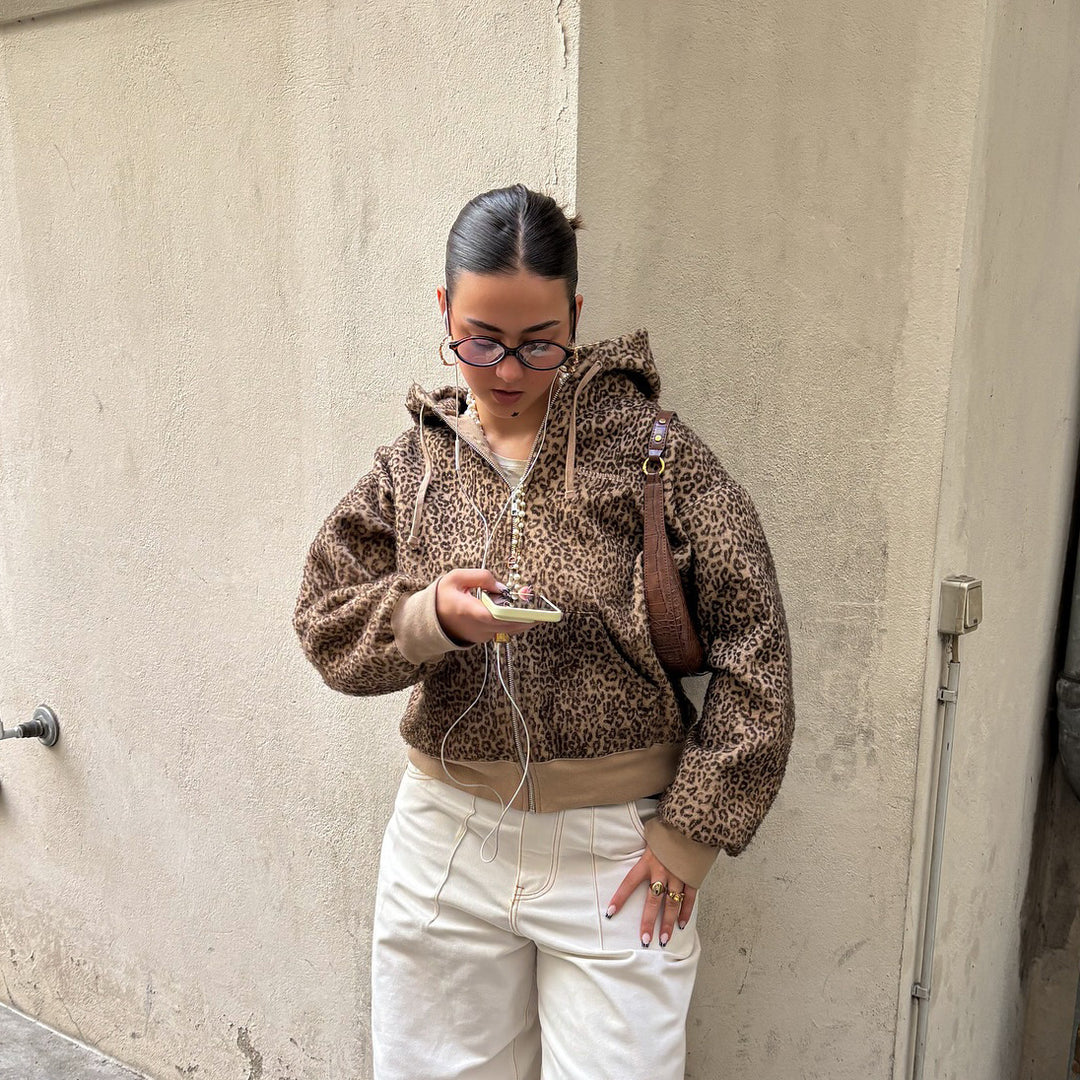 Damen kuschelige Kapuzenjacke mit tierischem Muster Fudus